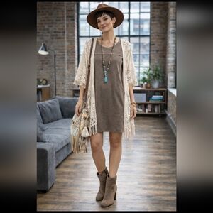Chloe K Brown Short Sleeve Dress Microsuede With Pockets